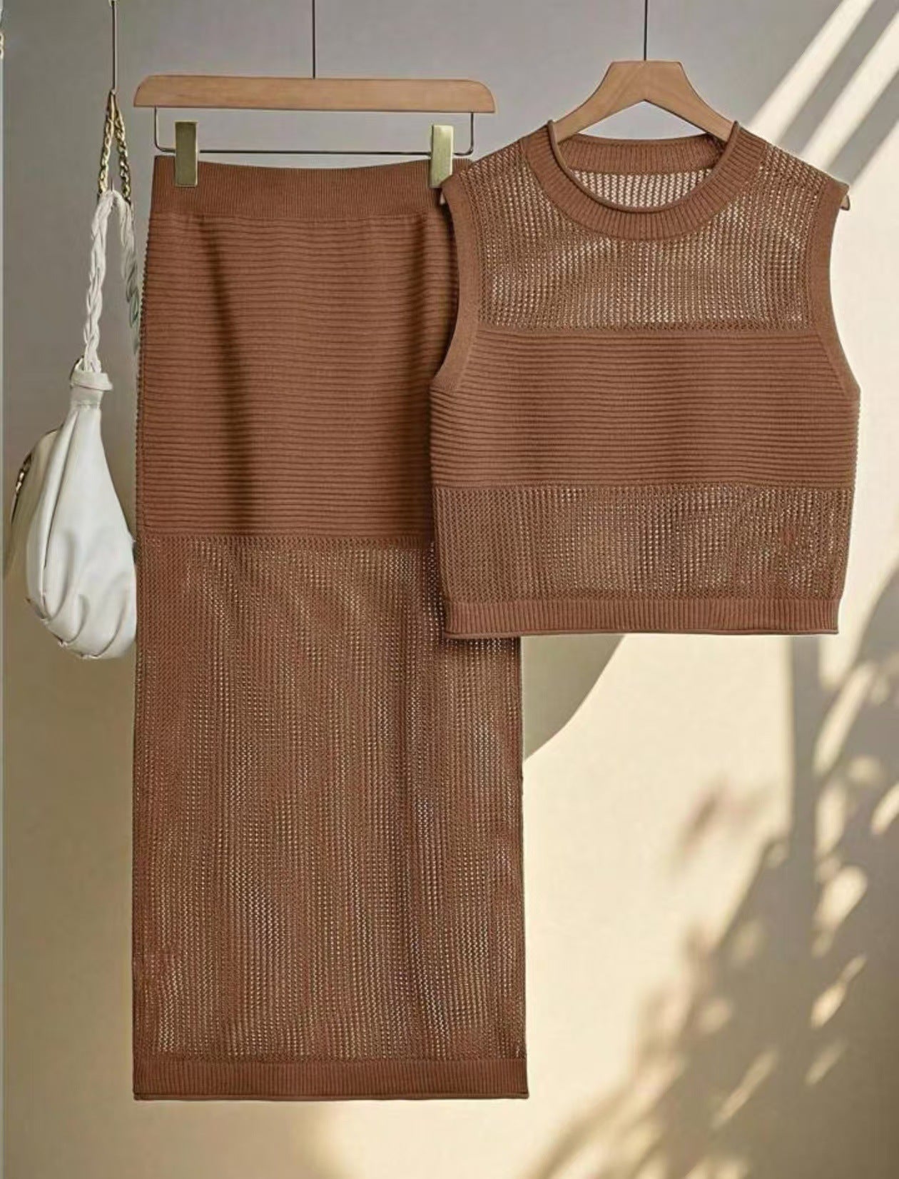 Hollow Sleeveless Summer Knitted Slit Two-piece Sweater