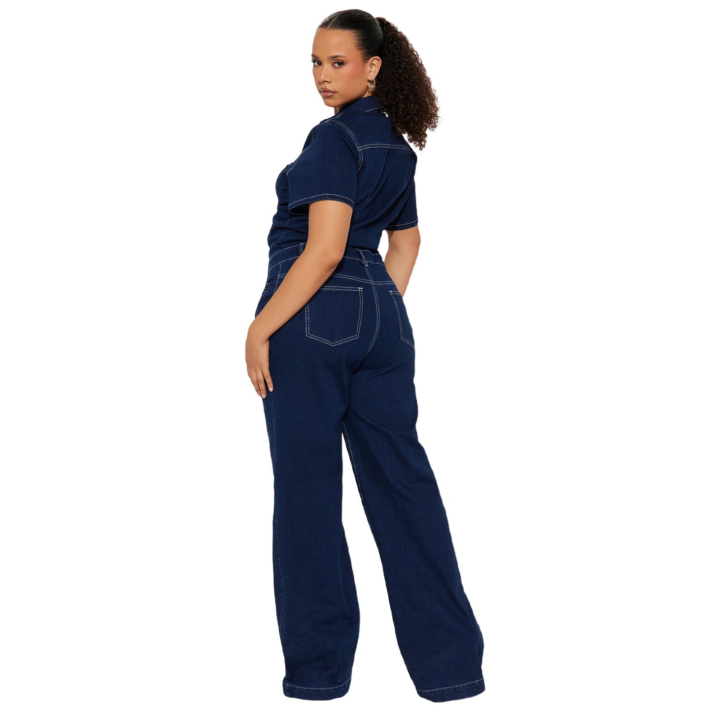 Loose Elastic Trumpet Wash Sleeve Denim Jumpsuits