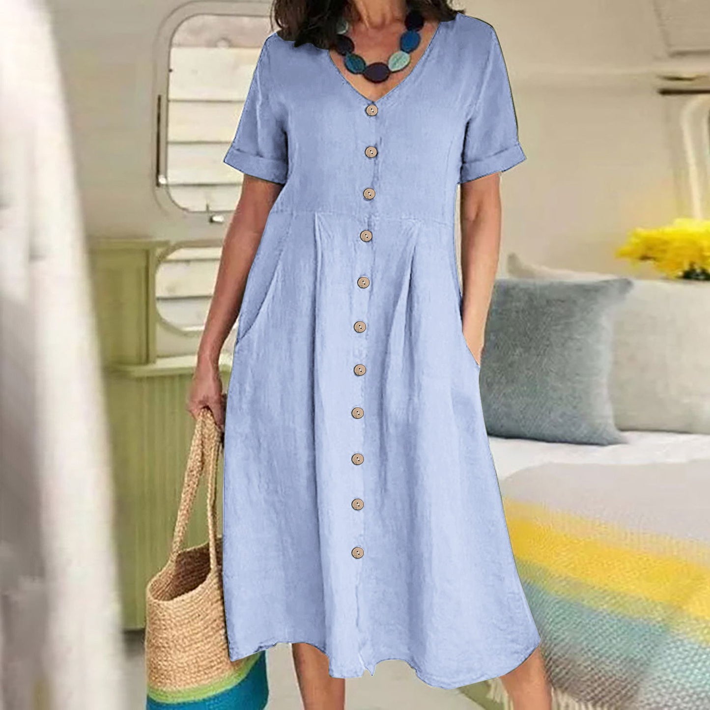 Solid Color Loose High Waist Cotton Dresses