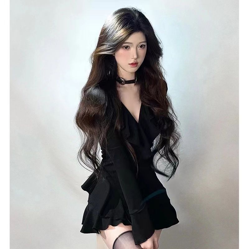 Women's Black Ruffled Flared Sleeves Long Inner Wear Elegant Dress