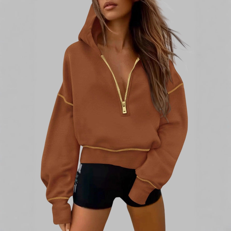 Women's Half Zipper Ladies Hooded Long-sleeved Fashion Sweaters