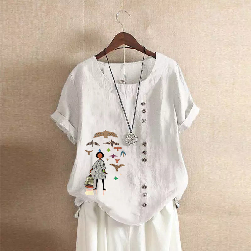 Women's Retro Cotton Linen Printed Casual Shirt Blouses