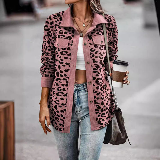 Women's Fashion Leopard Print Button Long Sleeve Coats