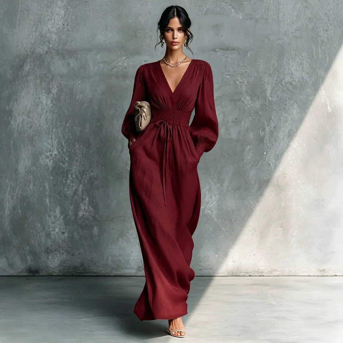 Women's Elegant Waist Long-sleeved Slimming French A- Line Dress