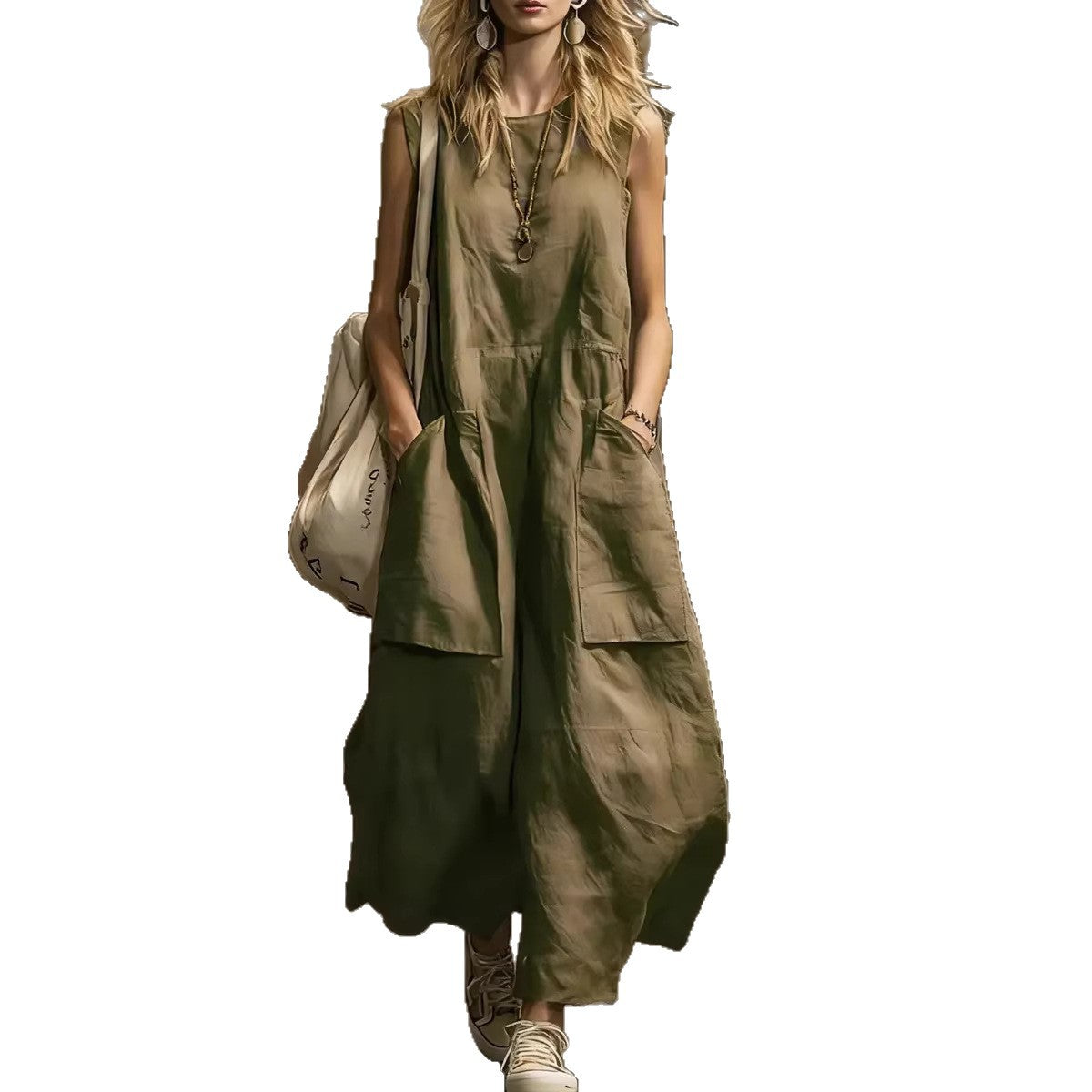 Women's Loose Simple Sleeveless Pocket Cotton Linen Dress