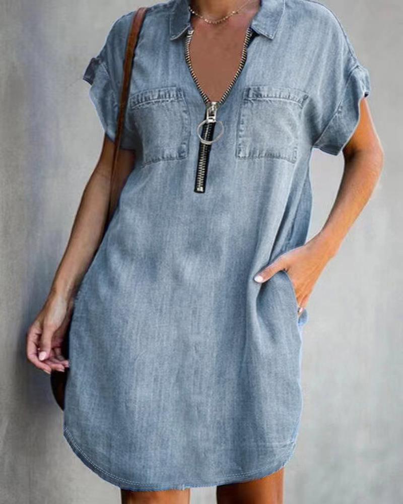 Charming Lapel Sleeve Loose Denim Shirt Dress