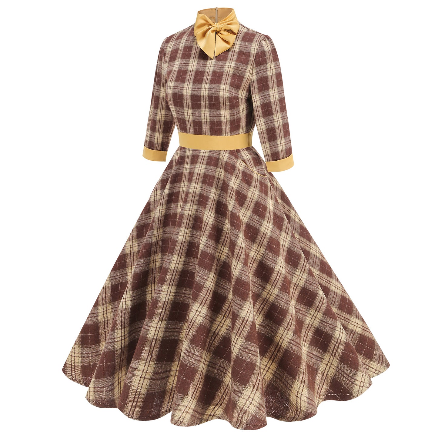 Plaid Turtleneck Three-quarter Sleeve Bow Tie Hepburn Style Retro High Dress