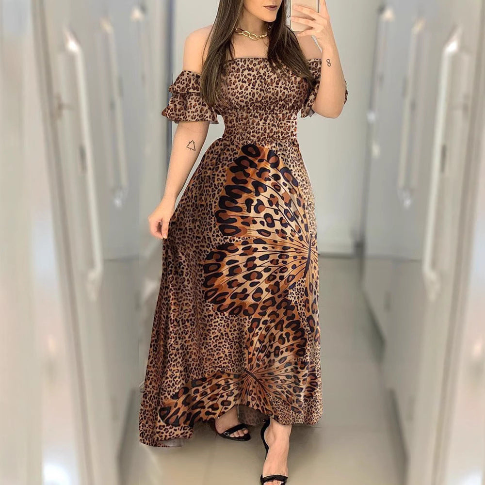 Wrapped Chest Butterfly Print Waist Large Swing Ruffle Dress