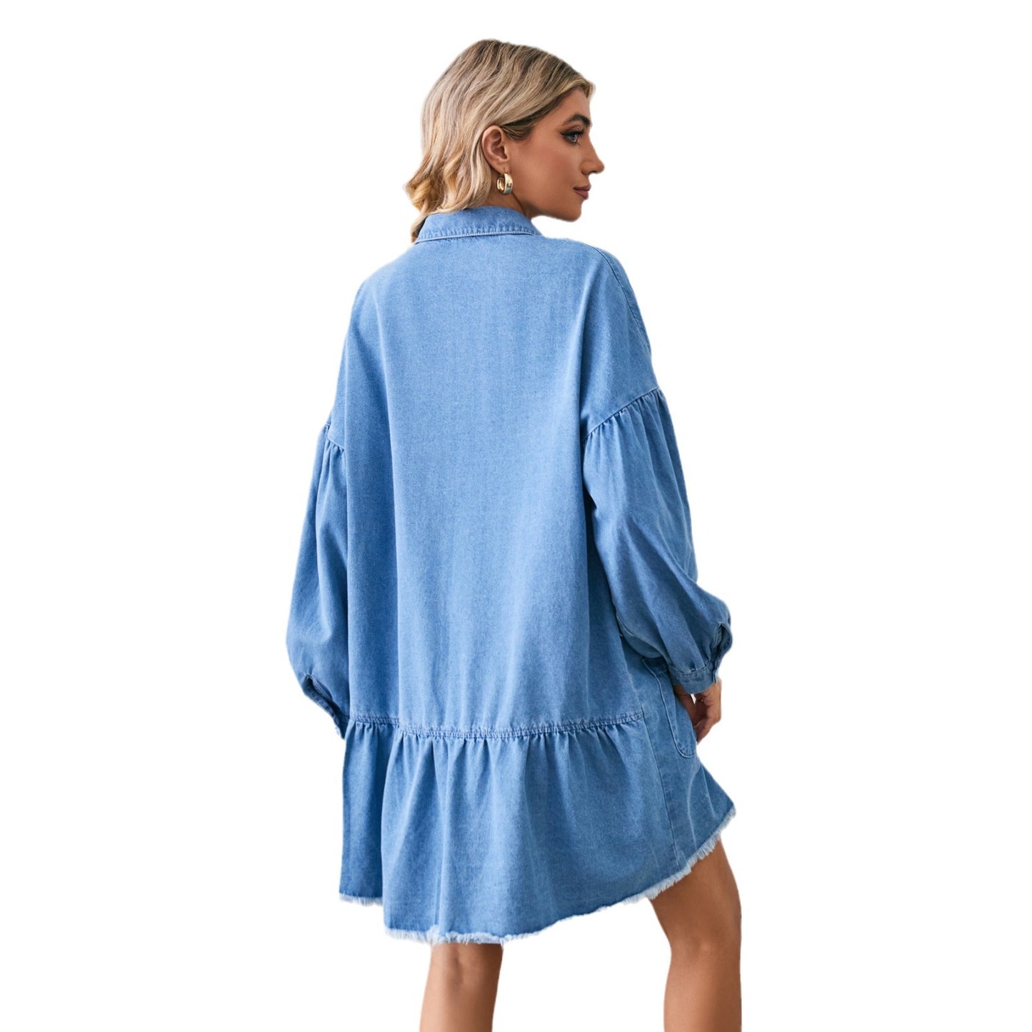 Loose Denim Long Sleeve Frayed Midi Dress