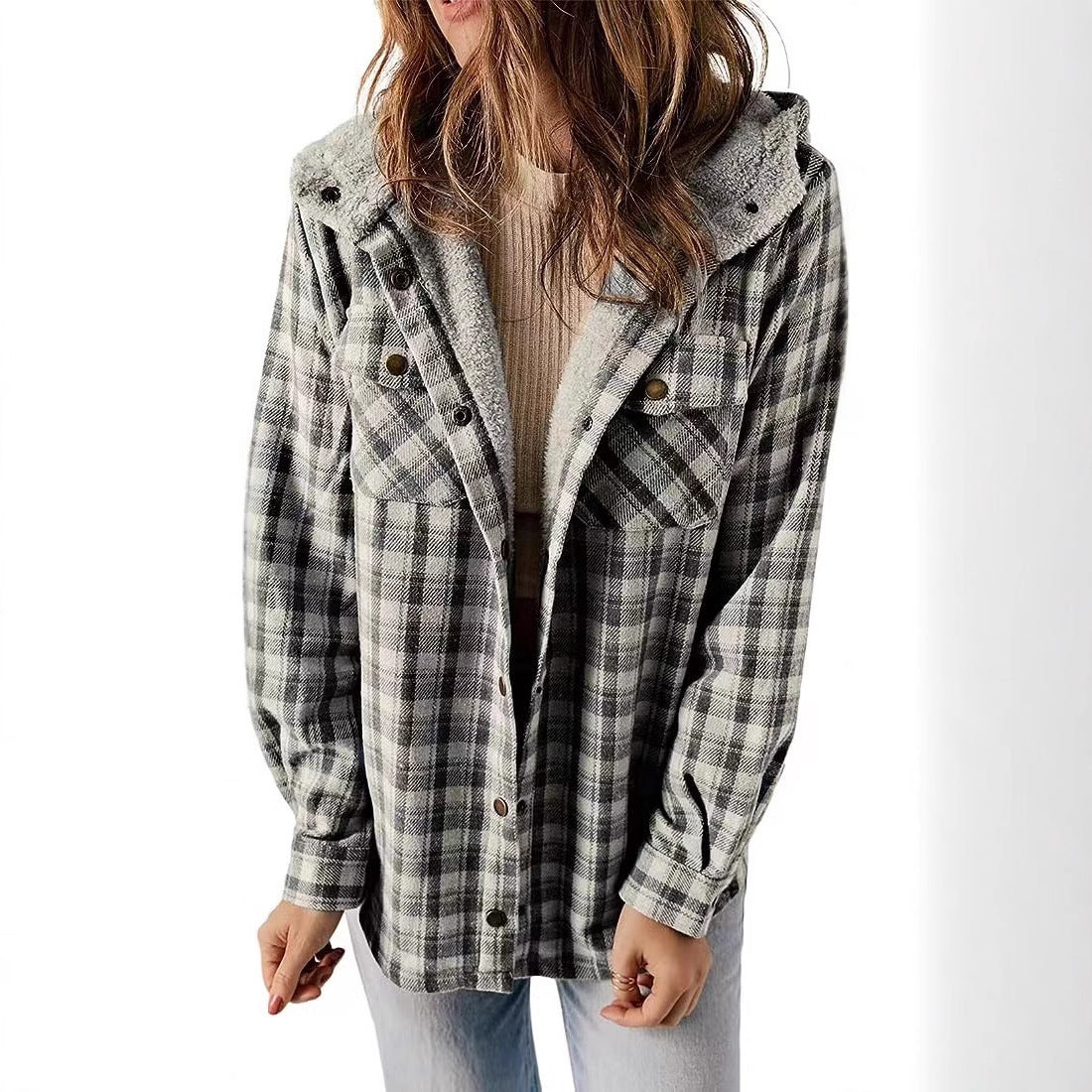 Women's Plush Shirt Casual Plaid Hooded Woolen Jackets