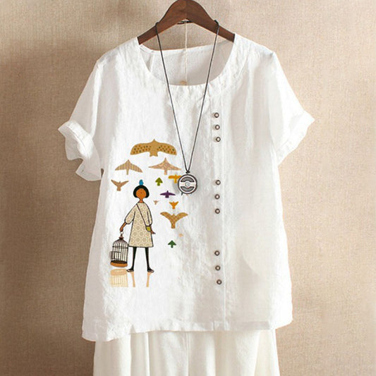Women's Retro Cotton Linen Printed Casual Shirt Blouses