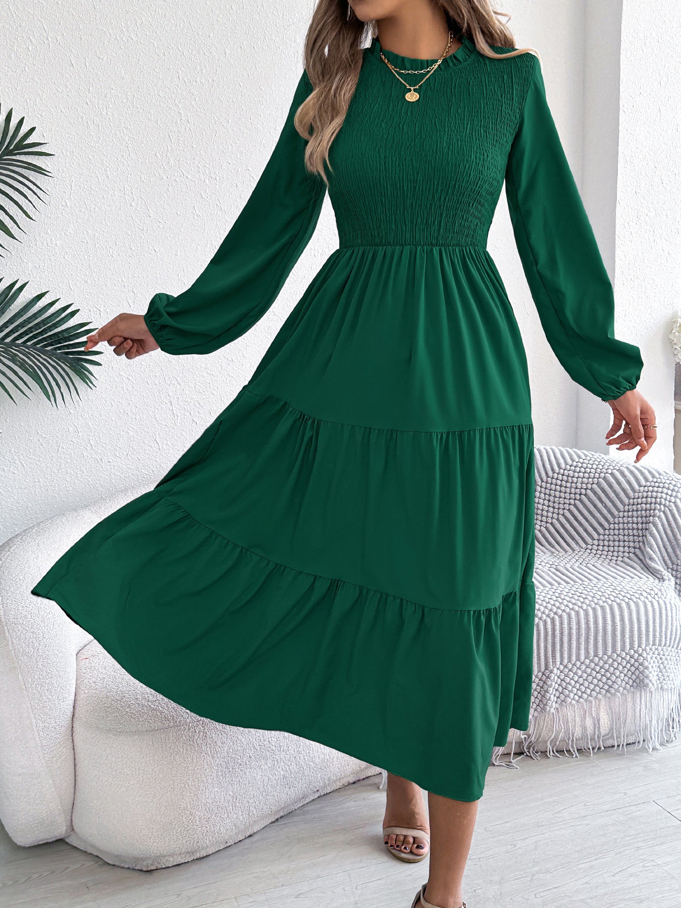 Women's Color Long Sleeve Smocking Slim Fit Dress
