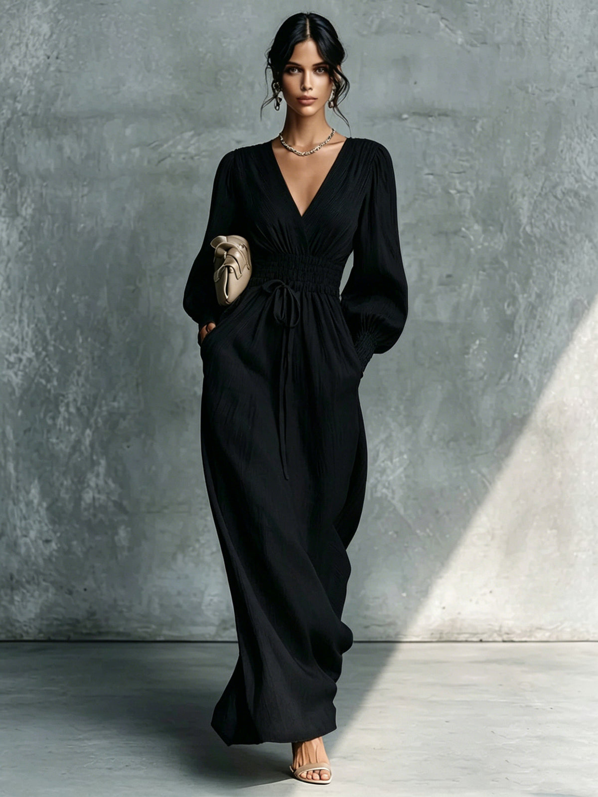 Women's Elegant Waist Long-sleeved Slimming French A- Line Dress