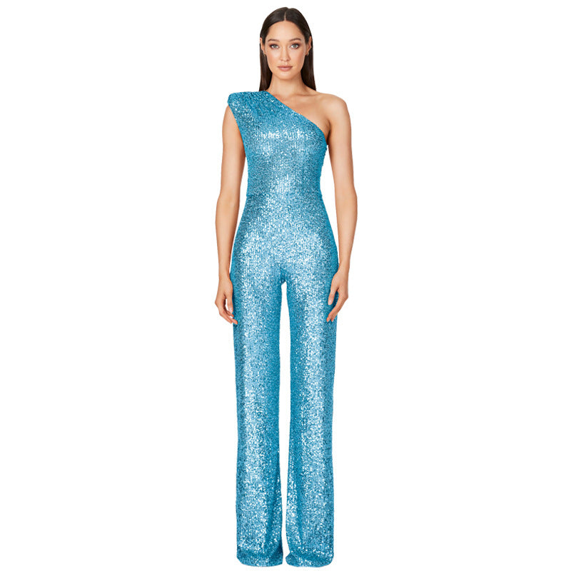 Women's Fashion Sleeveless One Shoulder Backless Sequined Jumpsuits