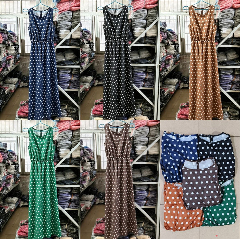 Fashion Sweet Polka Dot Round Neck Sleeveless Medium Length Dress