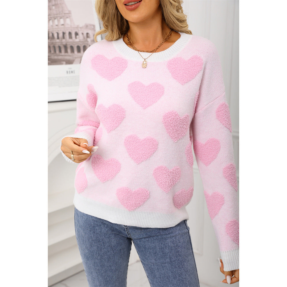 Women's Valentine's Day Round Neck Loose Pullover Love Jacquard Sweater