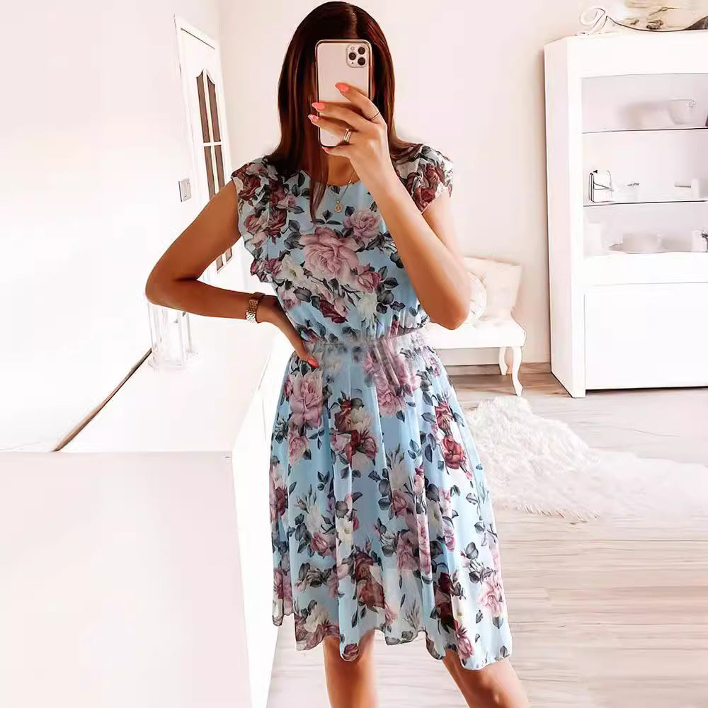 Holiday Style Ruffled Sleeves Chiffon Printed Dresses