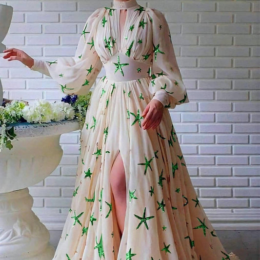 Half Turtleneck Sequined Slit Lantern Sleeve Formal Swing Dresses