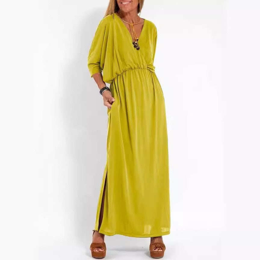 Women's Fashion Solid Color High Waist Slit Dress