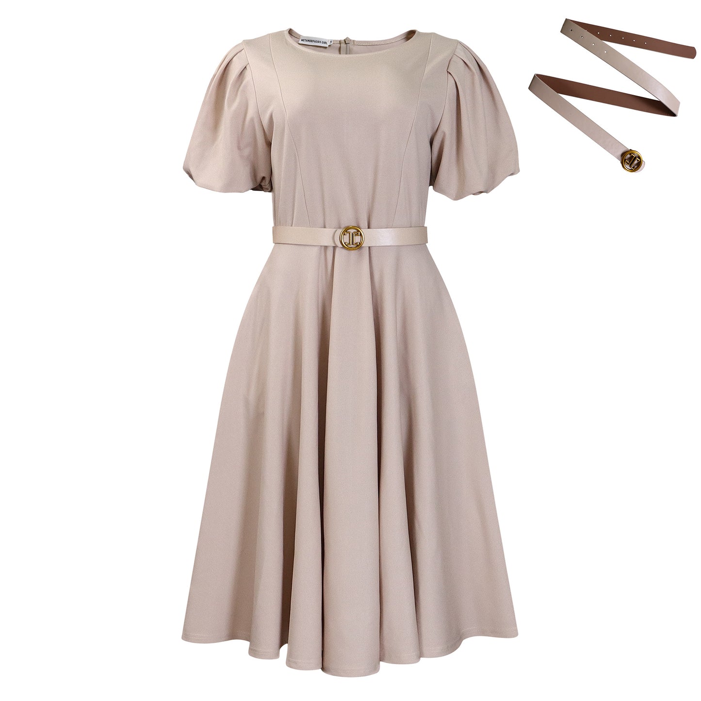 Women's Round Neck Elegant Large Hem Puff Sleeve A- Dress
