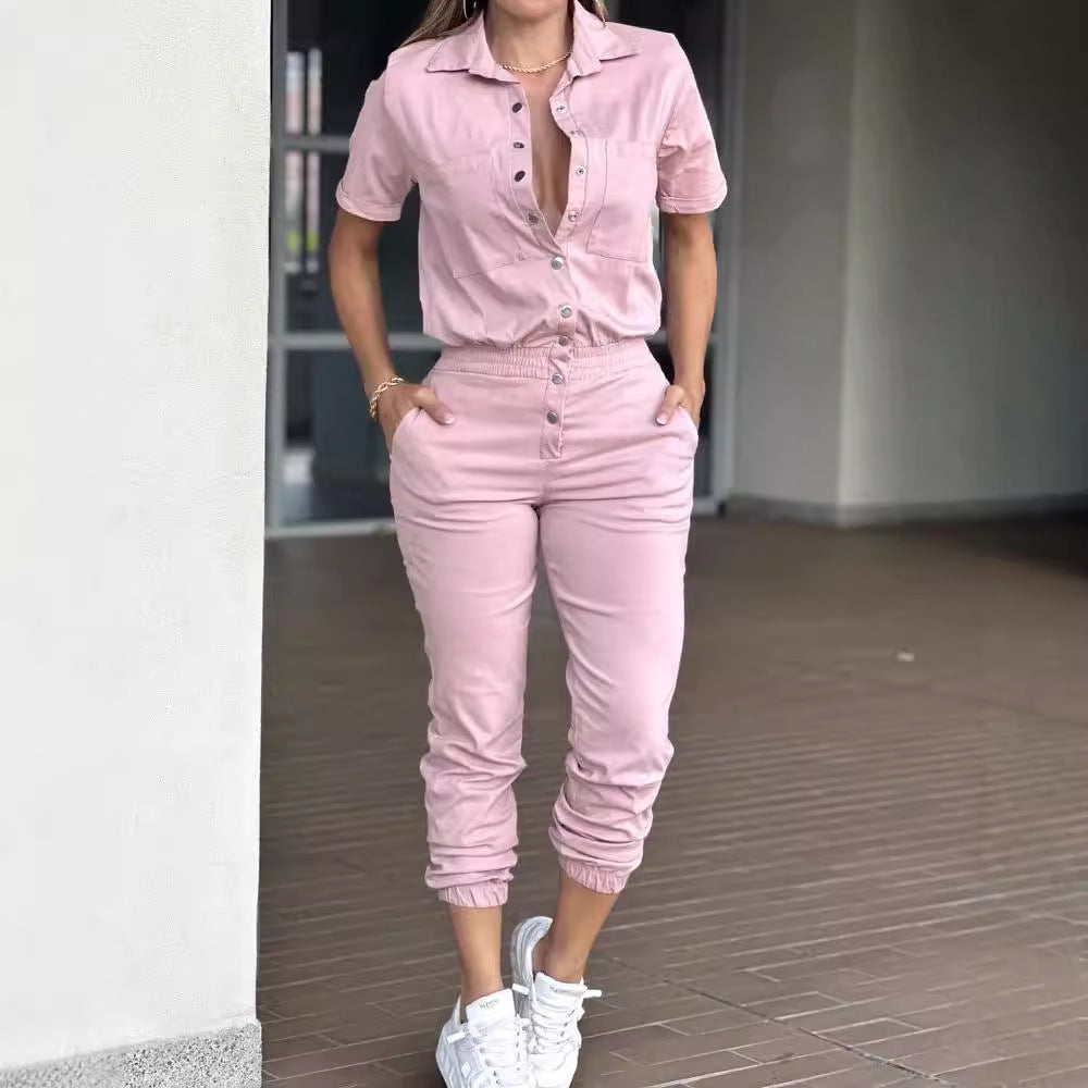 Women's Casual Fashion Lapel Pocket Waist Elastic Jumpsuits