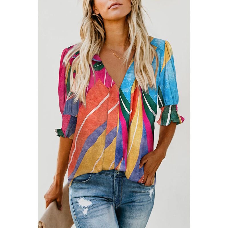 Women's Color Half Sleeve Collar Shirt Pleated Blouses