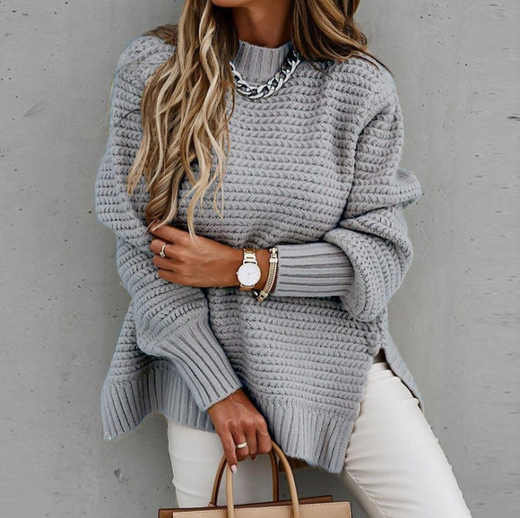 Women's Turtleneck Loose-fitting Solid Color Long Sleeves Side Slit Knitted Sweater