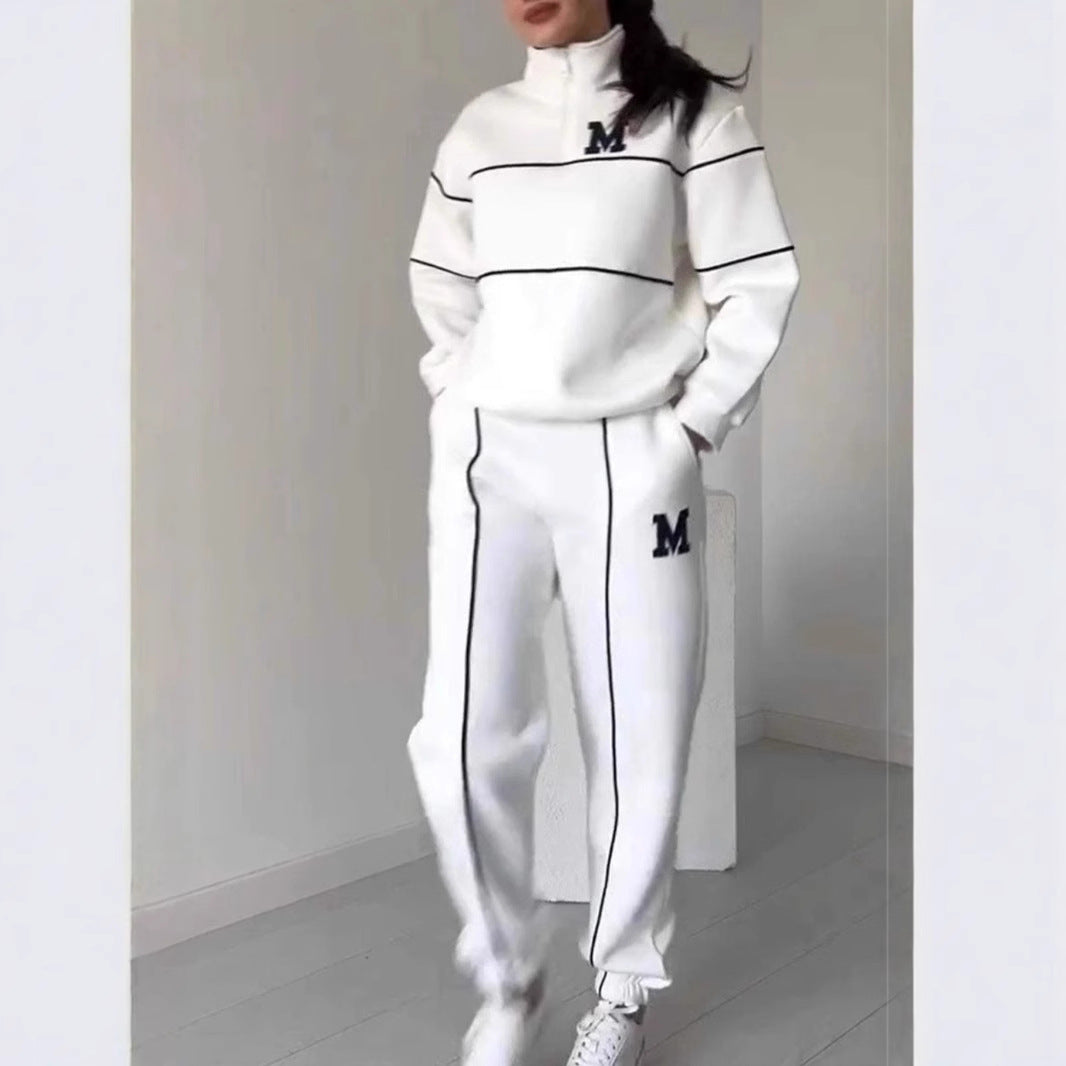Women's Letter Heat Transfer Patch Long Sleeve Trousers Zipper Suits