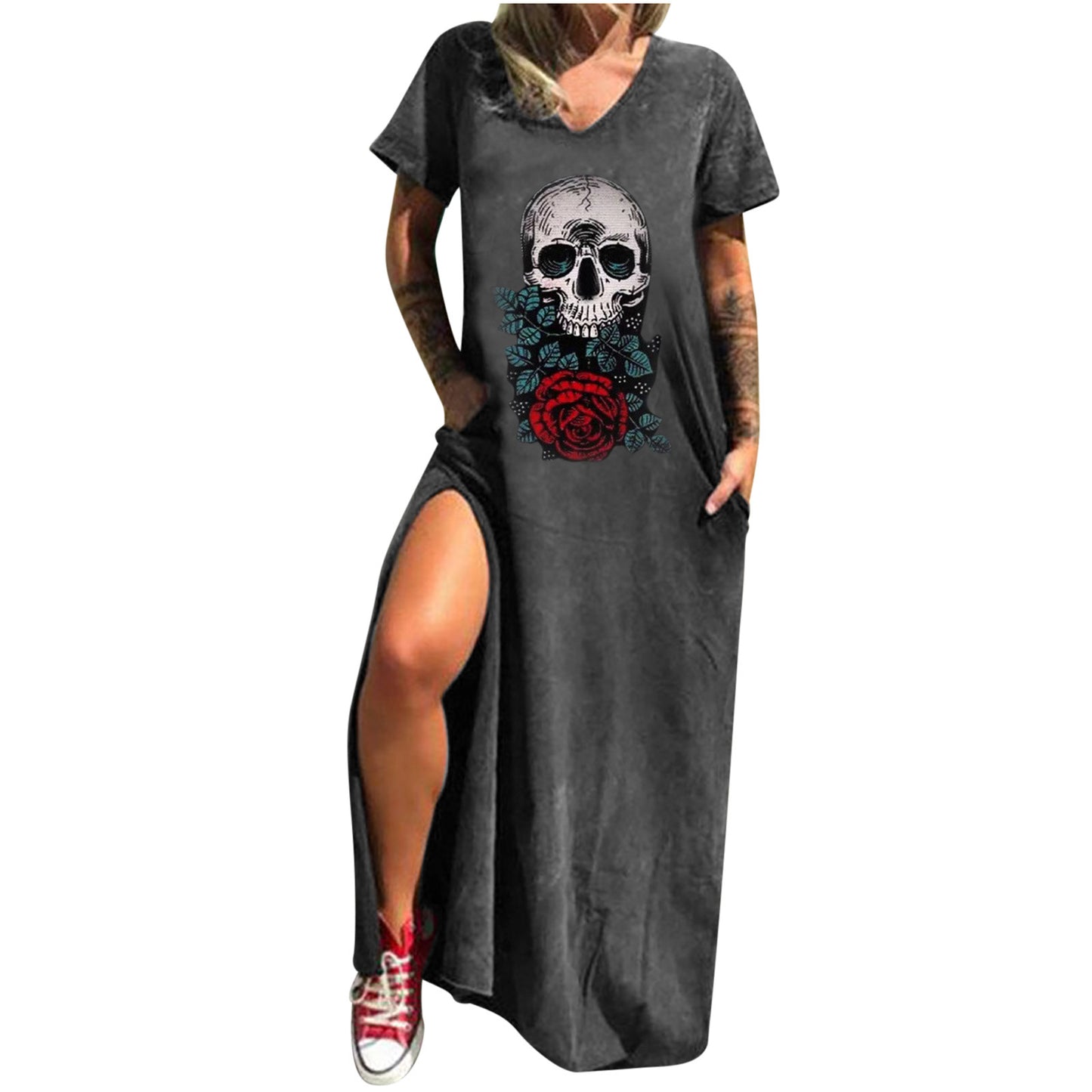 Skull Print Street Fashion Sleeve Slit Shorts