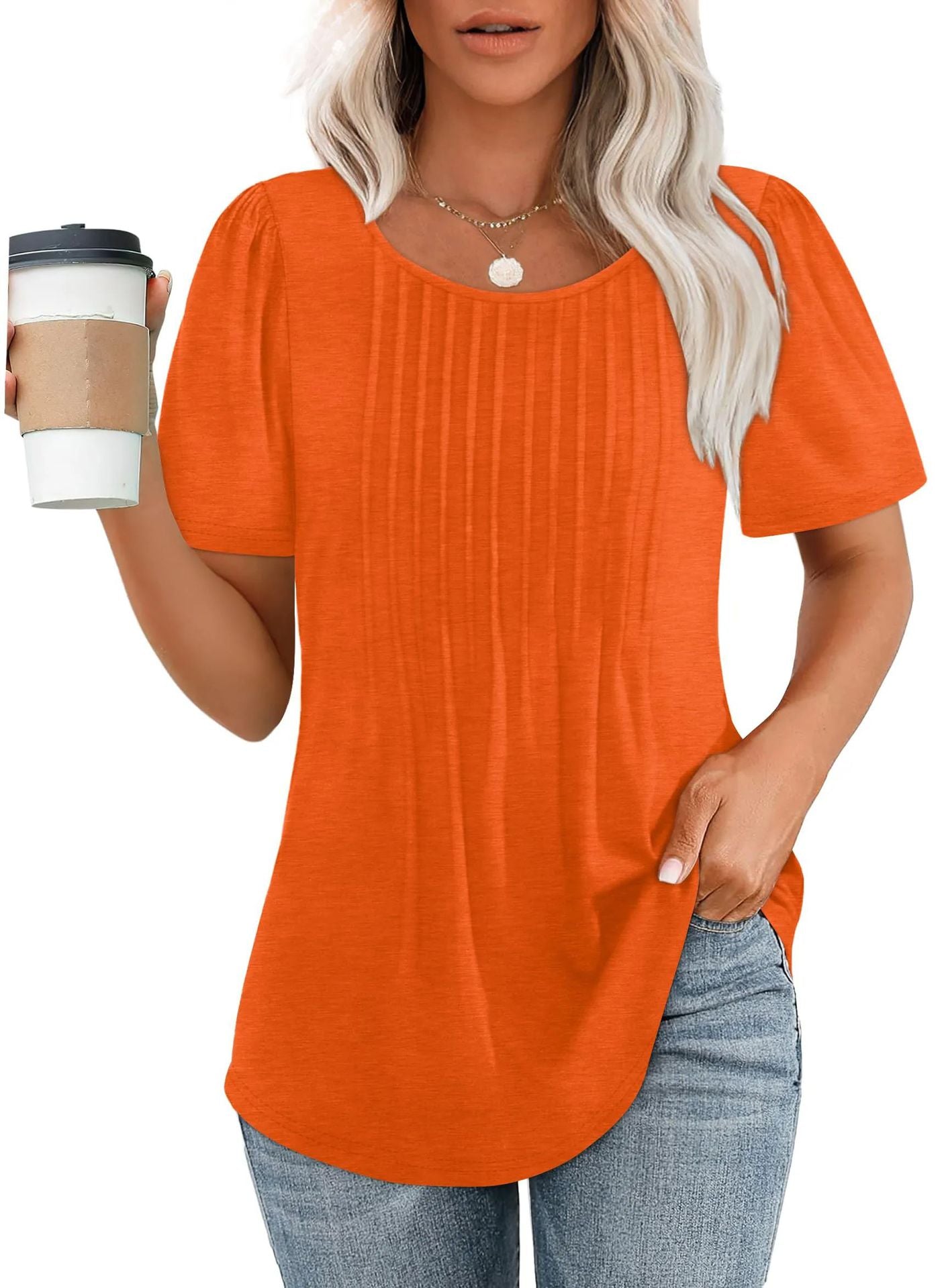 Women's Loose Pleated Round Neck Sleeve T-shirt Stripes Blouses