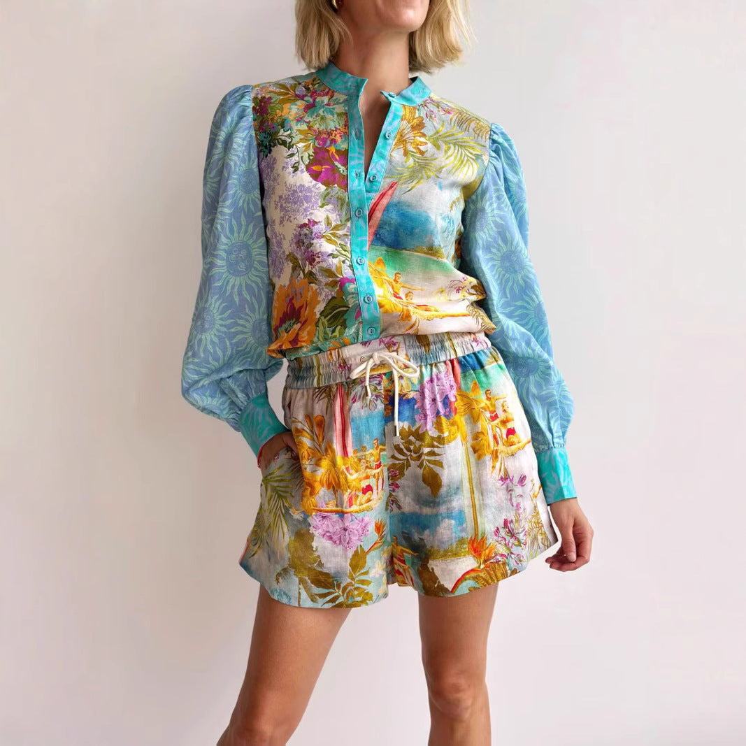 Durable Temperament Long Linen Sleeves Shirt Shorts