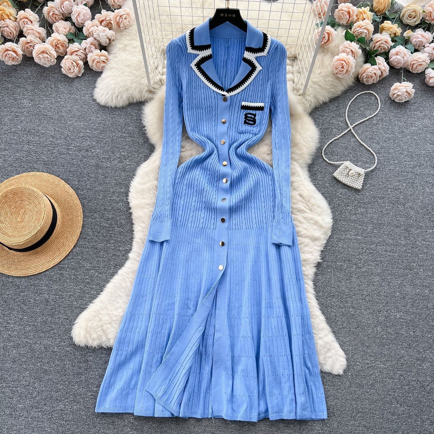 Classic Style Contrast Color Woolen Embroidered Collar Split Skirts