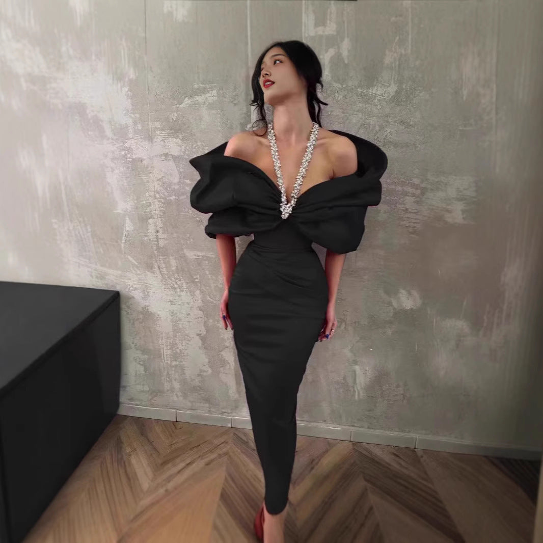 Diamond Band Bow Collar Decorative Slimming Tight Bandage Dresses