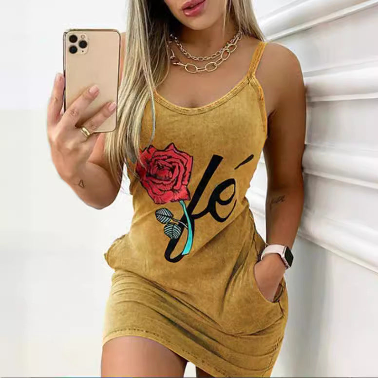 Summer Printed Pocket Slim Fit Suspender Dress