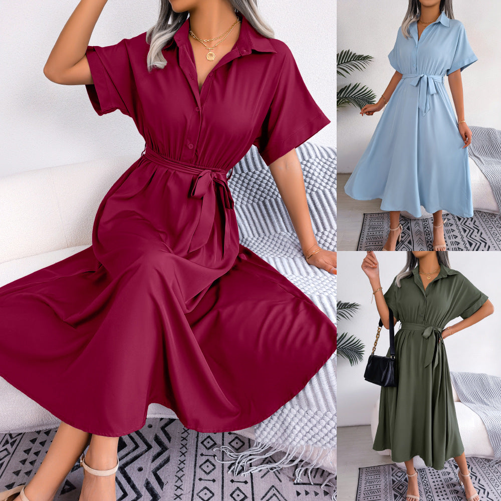 Women's Wind Casual Loose Pure Color Tied Shirt Dress