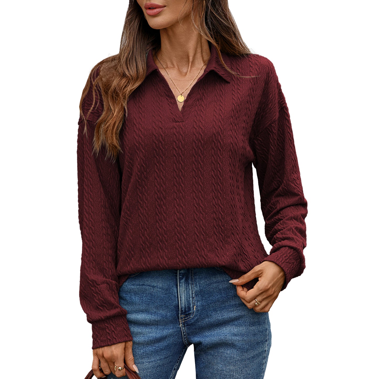Women's Solid Color Pullover Sweatshirt Loose Lapel Long Sleeves Women's Sweater, Sweater