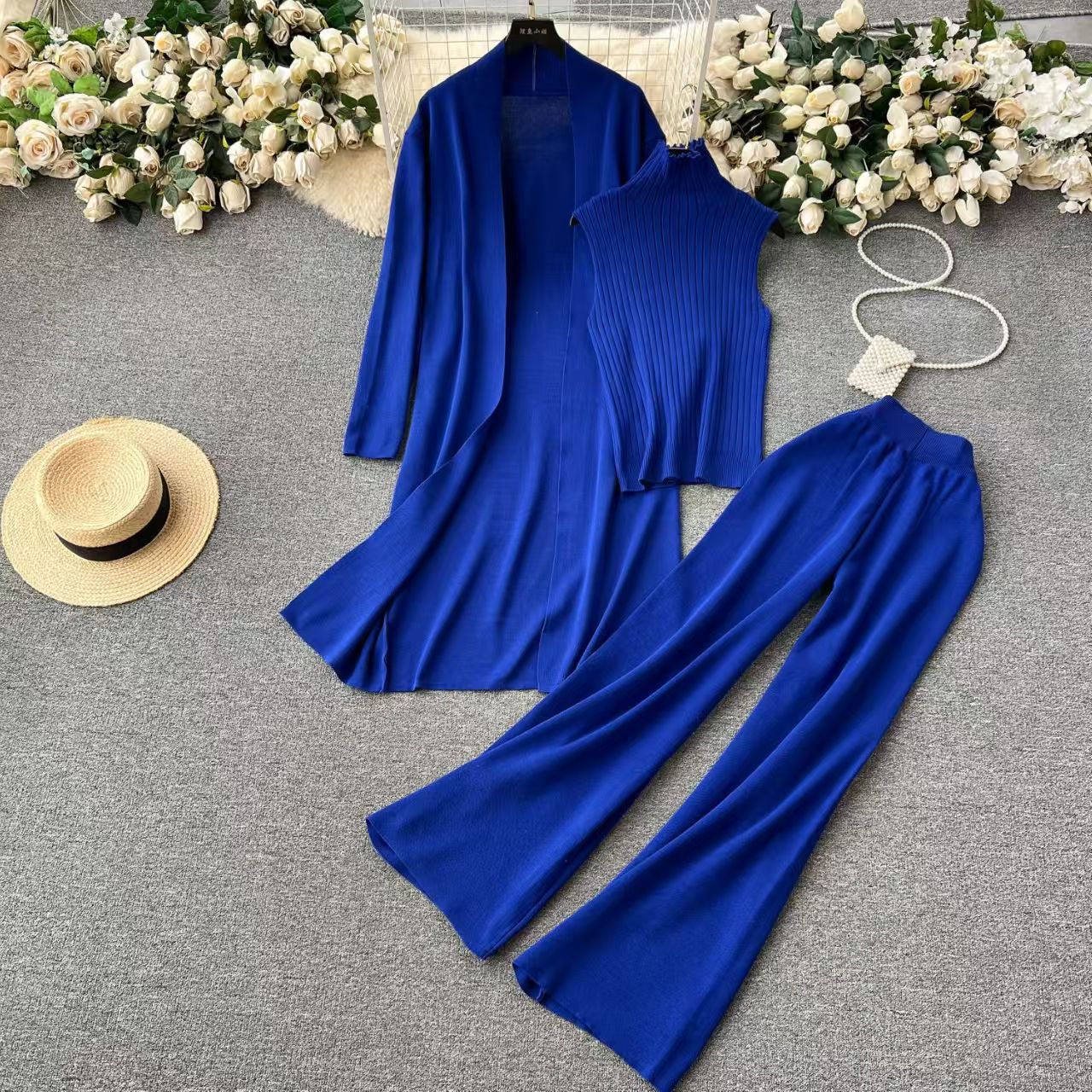 Women's Western Style Solid Color Inverness Collar Bottoming Wide Leg Trousers Sweaters