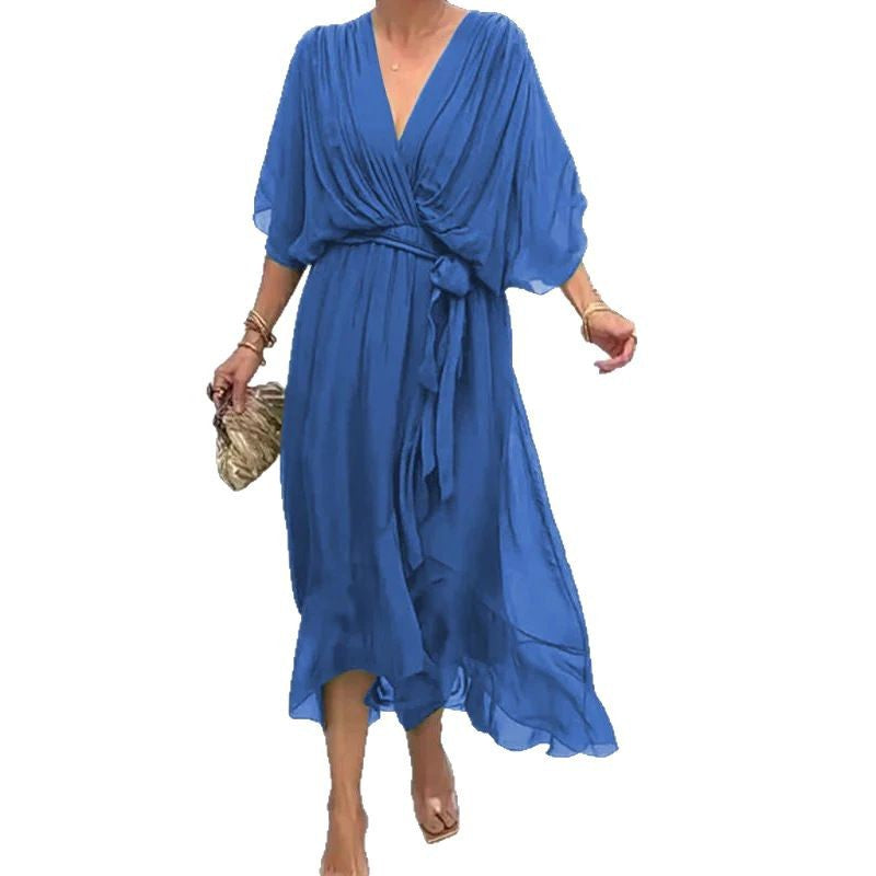 Women's Pure Color Tied Long Dress Batwing Plus Size