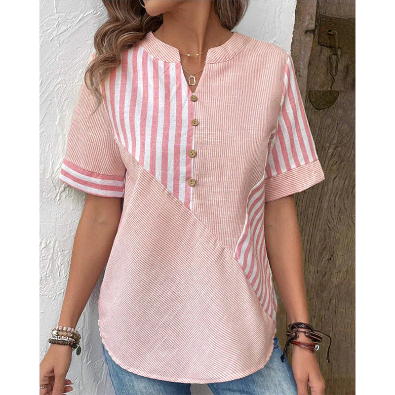 Women's Shirt Asymmetric Striped Stitching Cotton Linen Blouses