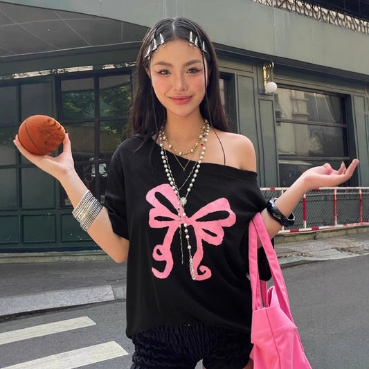 Women's Bow Print Diagonal Collar Sleeve For Sweet Cool Blouses