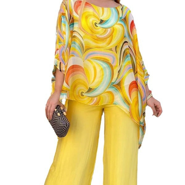 Women's Summer Colorful Chiffon Casual Round Neck Suits