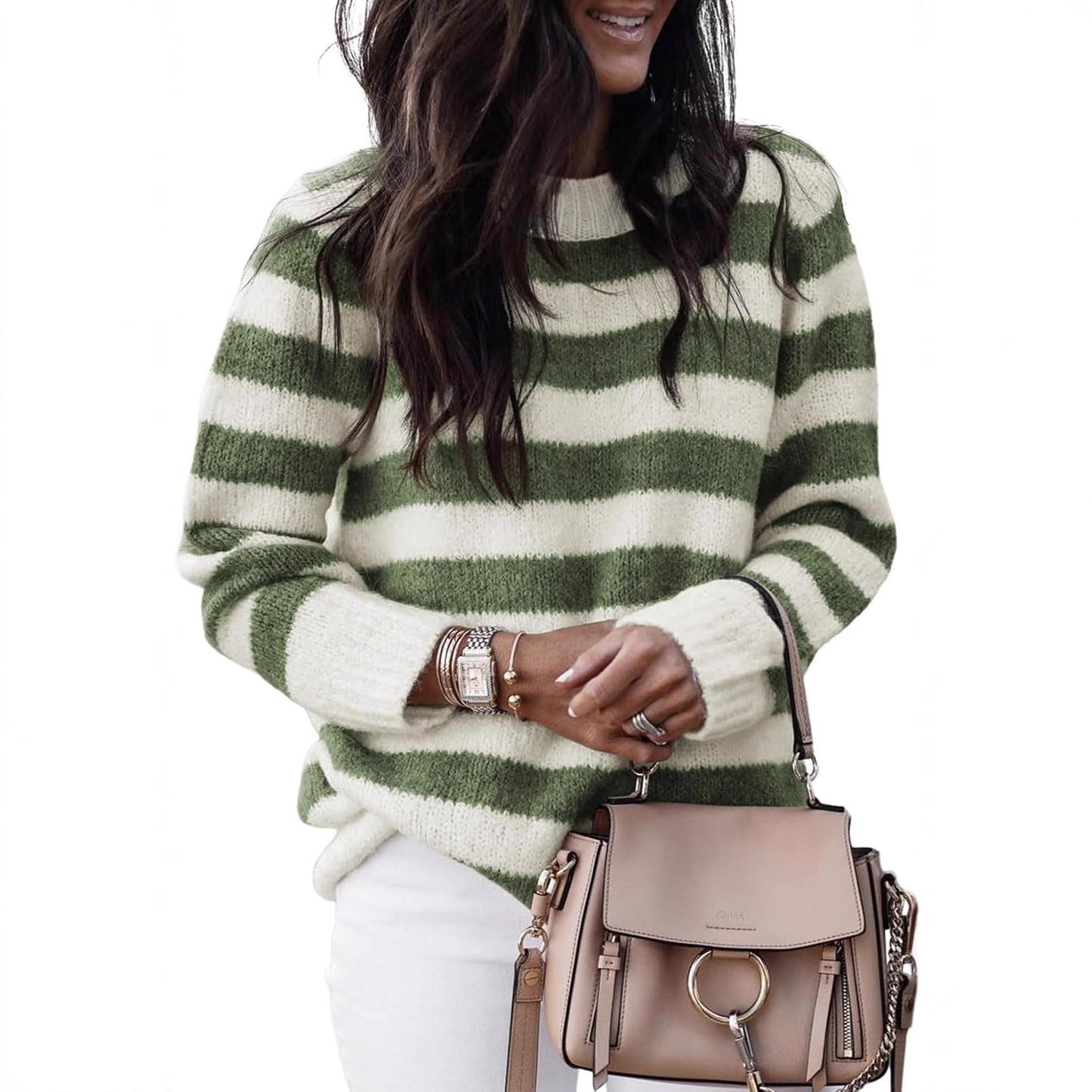 Women's Neck Striped Cute Color Matching Pullover Sweater