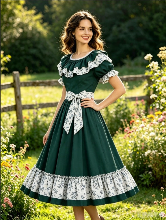 Country Lolita Ruffled Collar Floral Lace Dress