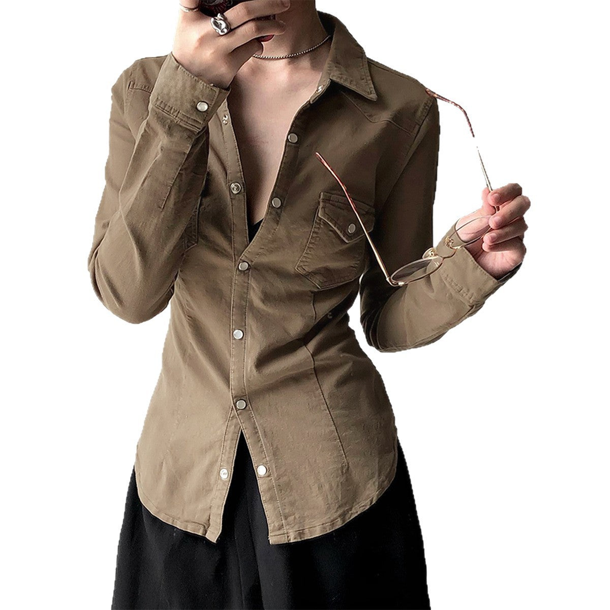 Women's Fashionable Simple Solid Color Long-sleeved Shirt Blouses