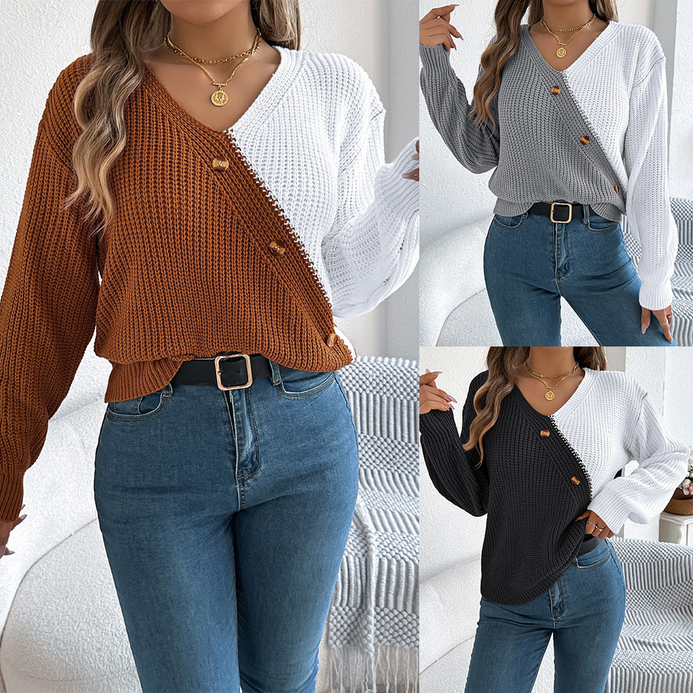 Women's Casual Button Contrast Color Lantern Sleeve Clothing