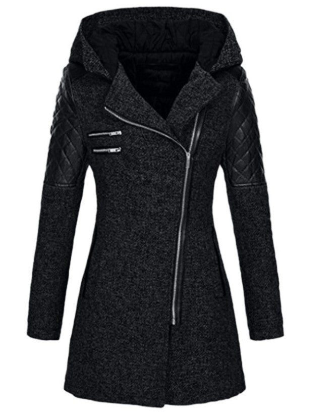 Women's Zipper Hooded Woolen Trench Mid-length Thick Coats