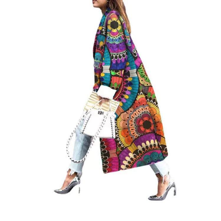 Women's Fashion Loose Print Woolen Printing Coats