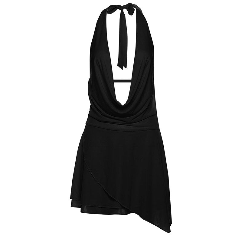 Women's Color Halter Deep Backless Sexy Irregular Dresses