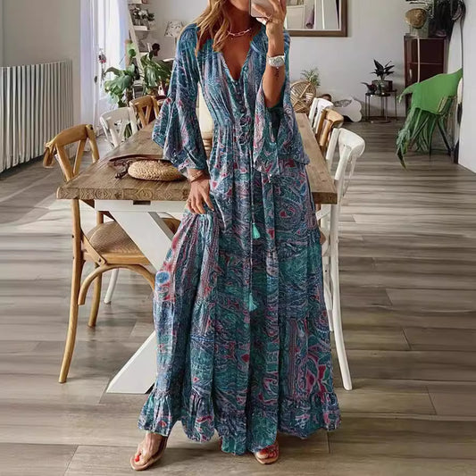 Sleeve Printed High Waist Holiday Dress Dresses