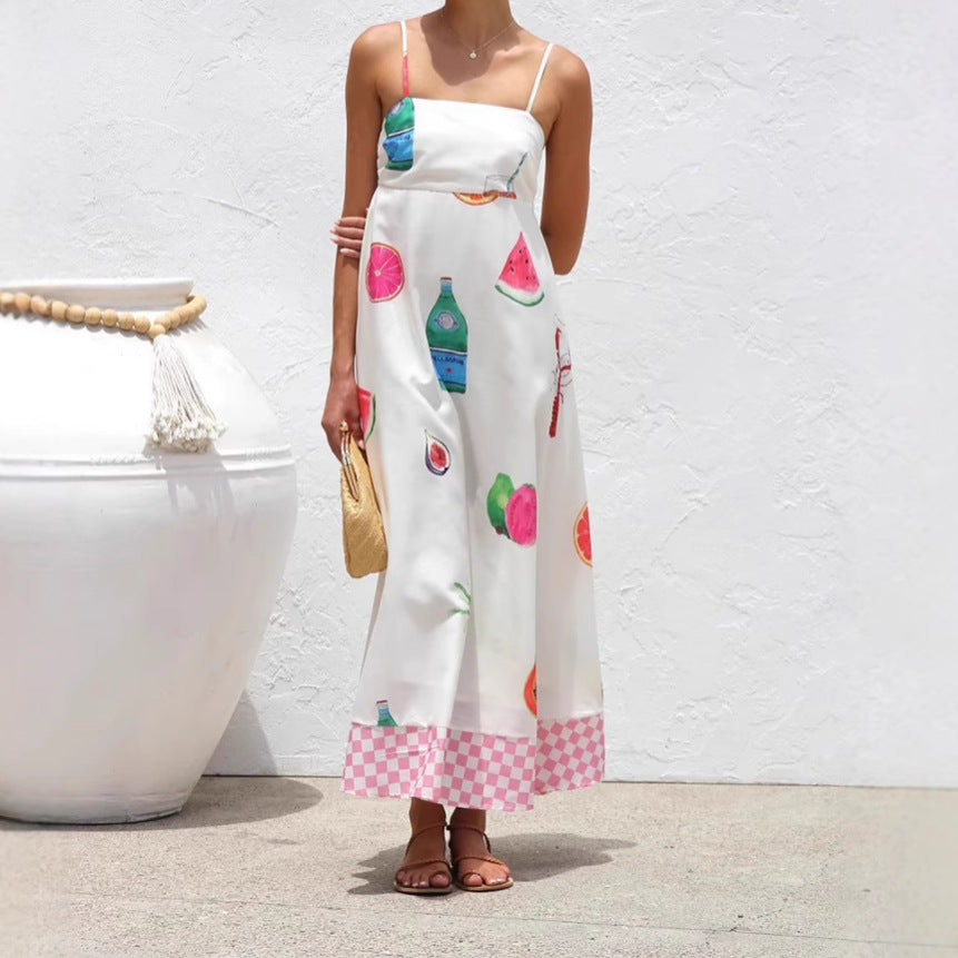 Women's Casual Vacation Style Printed Sling High Waist Big Dress